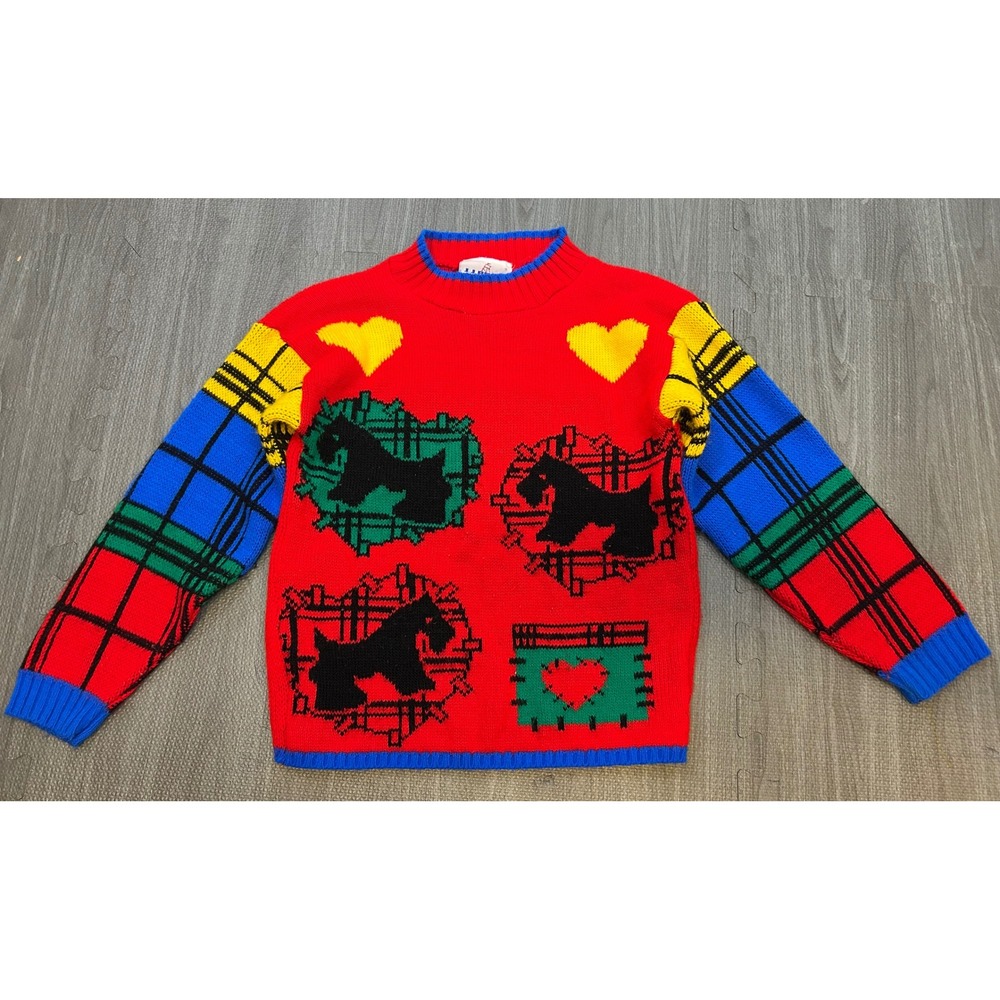 Vintage JJ Poole Kids Small Acrylic Red Scottie Dog Heart Plaid Sweater 80s 90s‎
